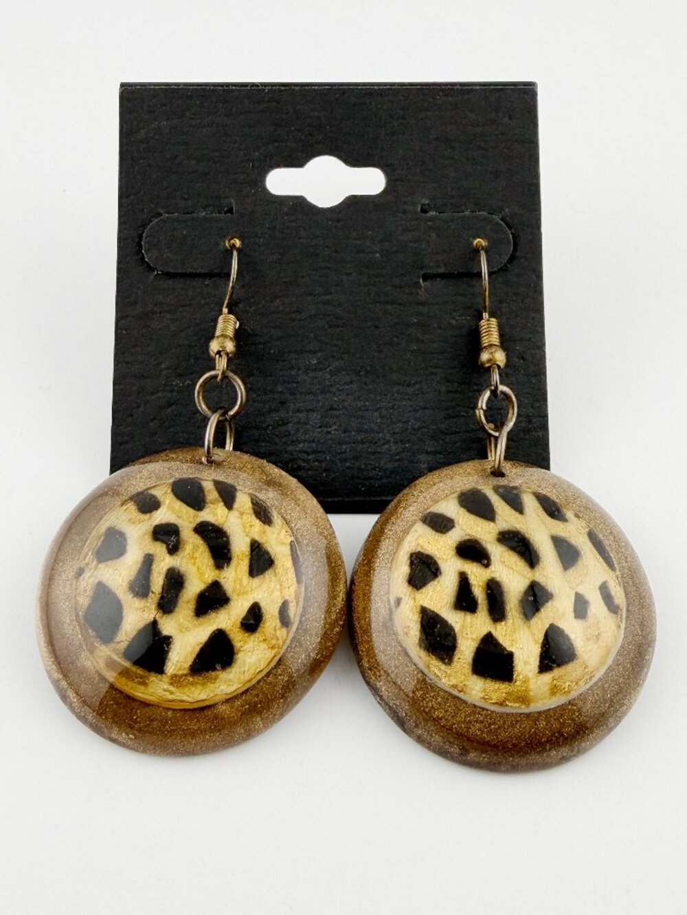 Vintage-Style Leopard Print Resin 2" Drop Earrings Gold Glitter